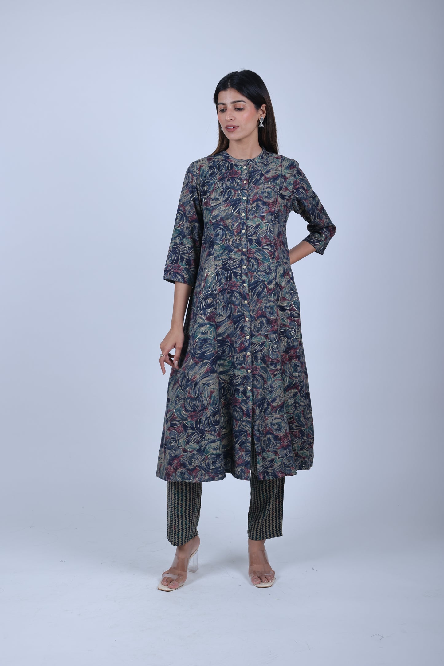 Dark Blue Printed A Line Kurta with Printed Pants