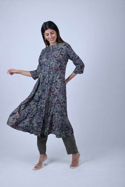 Dark Blue Printed A Line Kurta with Printed Pants