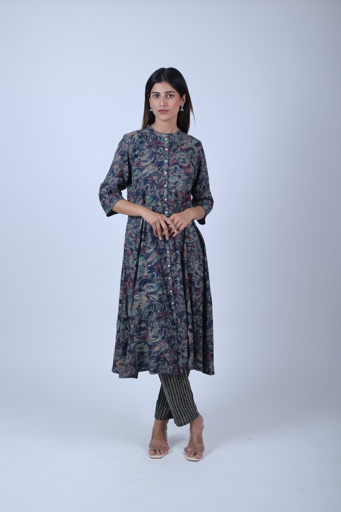 Dark Blue Printed A Line Kurta with Printed Pants