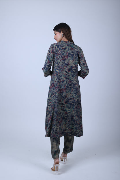 Dark Blue Printed A Line Kurta with Printed Pants