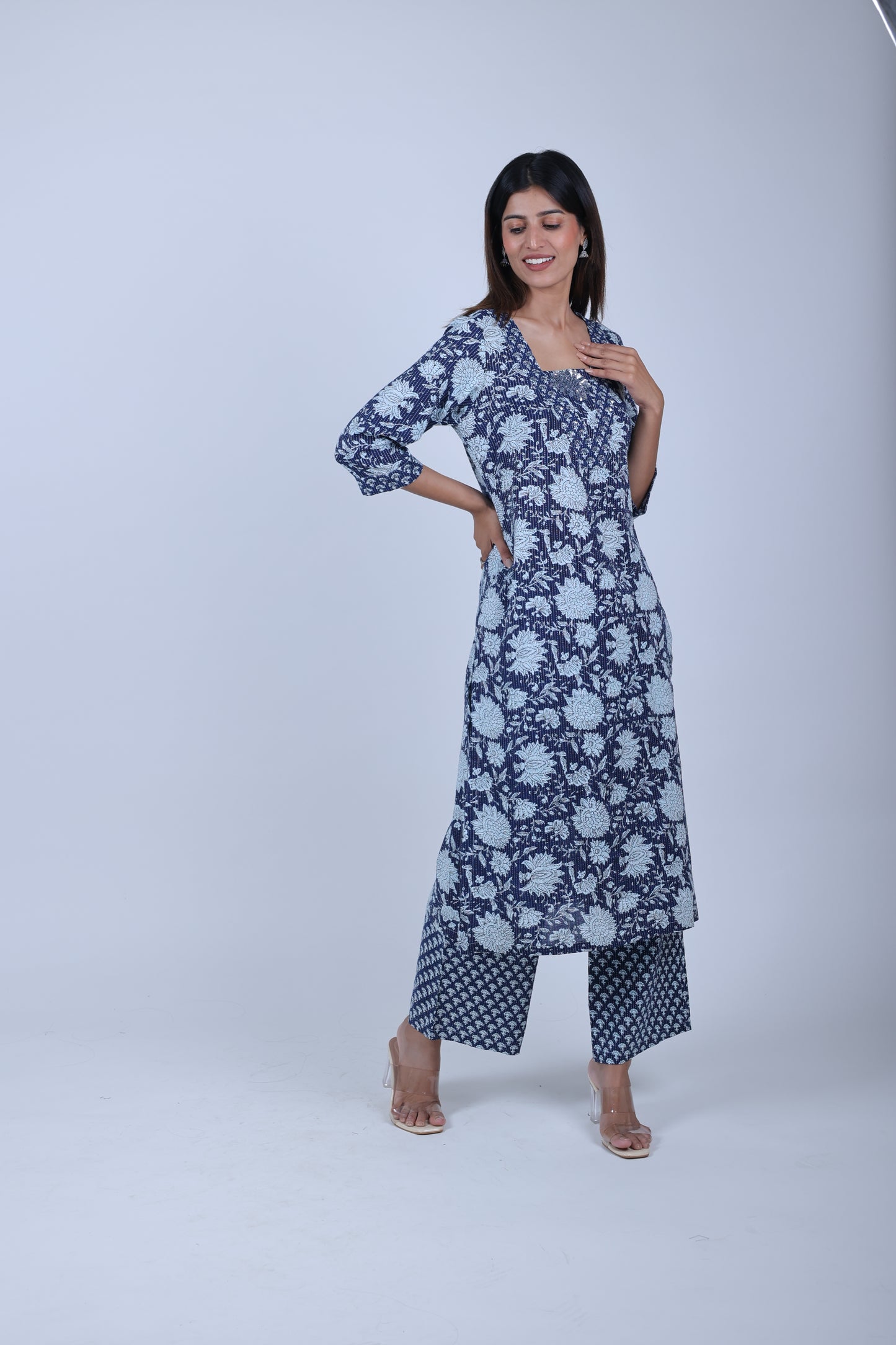 Royal blue printed Straight Kurta along with Pants & orgenza dupatta