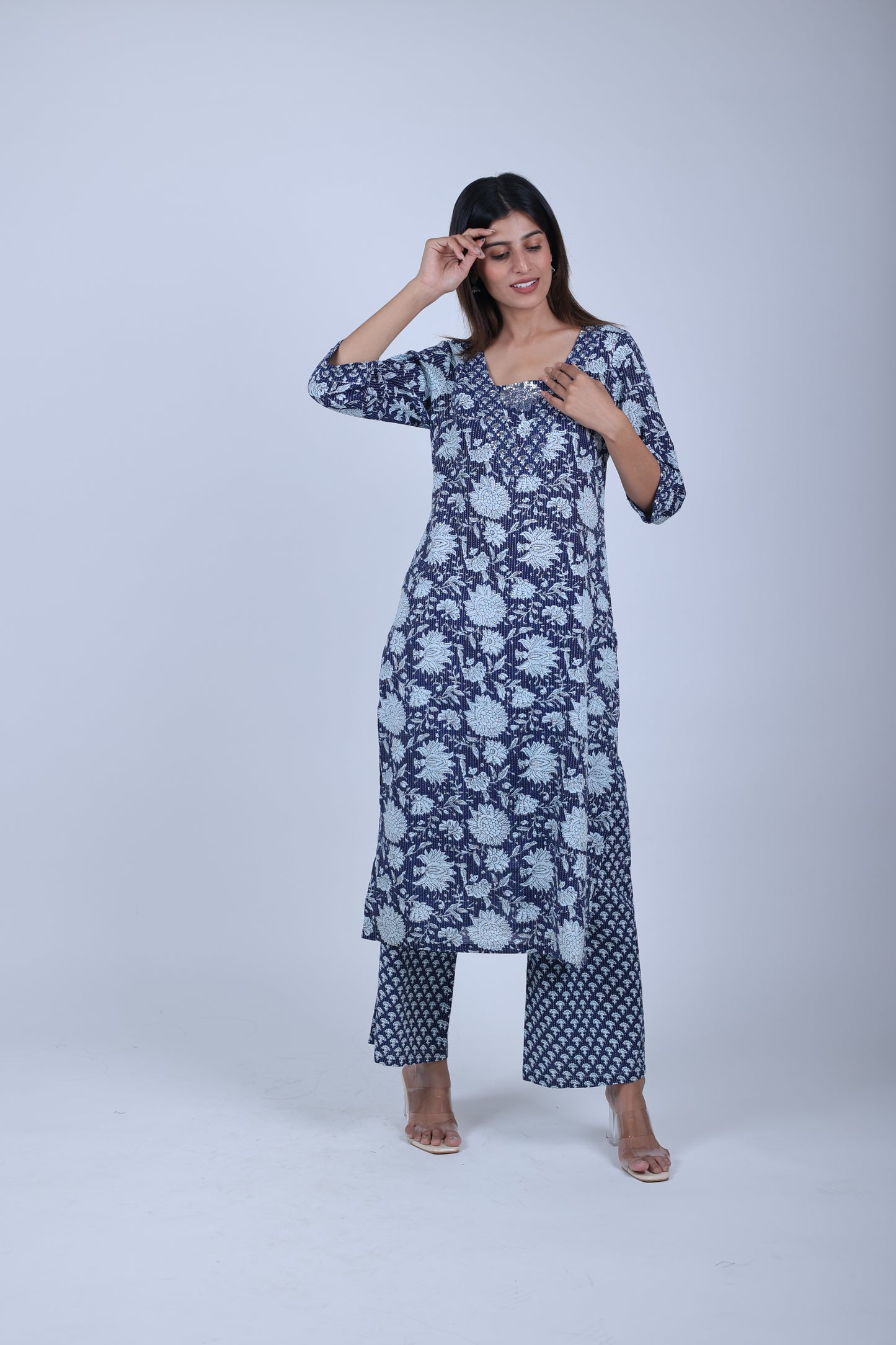 Royal blue printed Straight Kurta along with Pants & orgenza dupatta