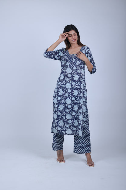 Royal blue printed Straight Kurta along with Pants & orgenza dupatta