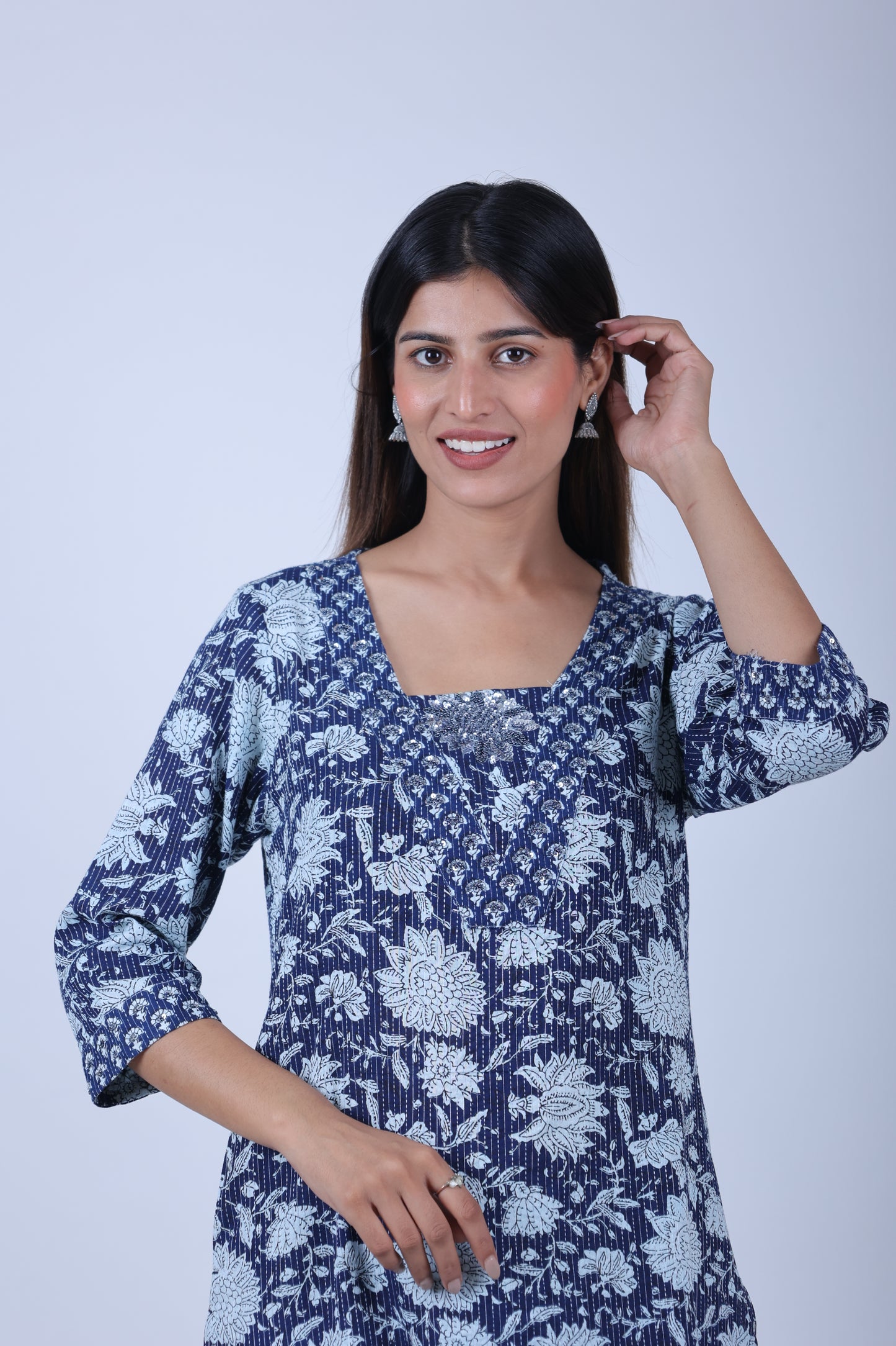 Royal blue printed Straight Kurta along with Pants & orgenza dupatta