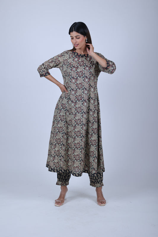 Ajrak Printed A-Line Kurta with Hand Work at yoke along with Afgani Pants