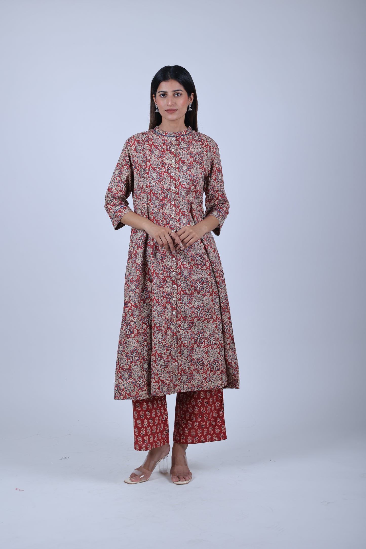 Metalic red Printed A Line Kurta along with Printed Pants