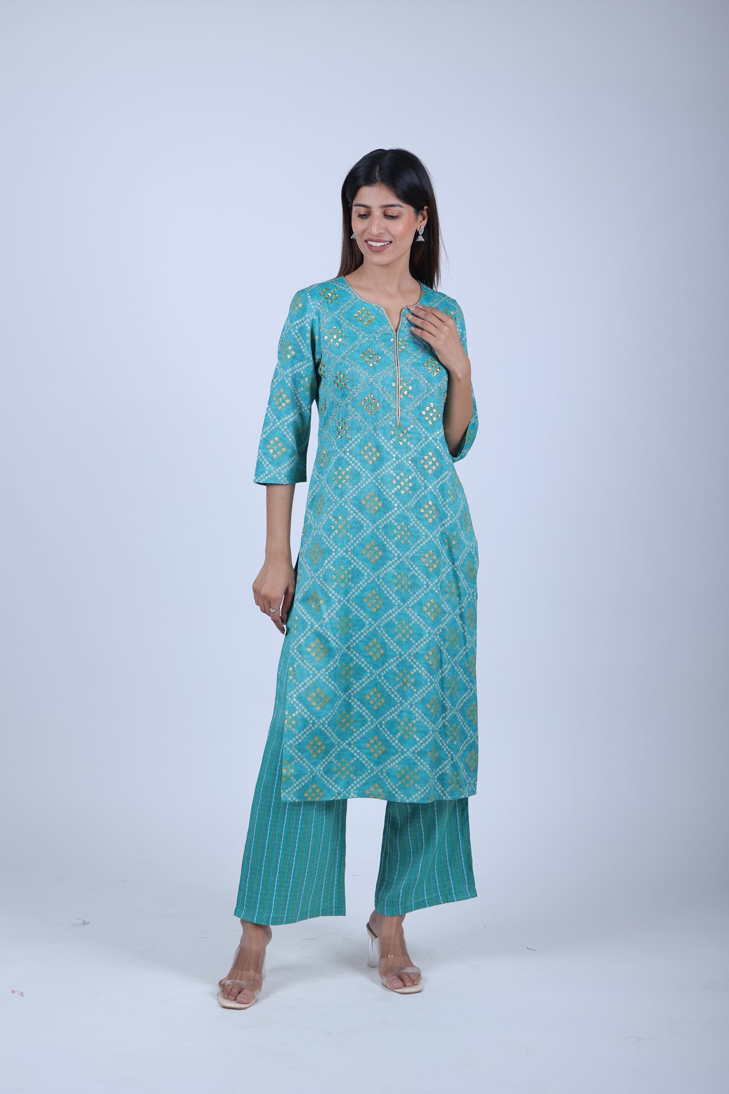 Skyblue Priented Straight Kurta Along With Printed Pants