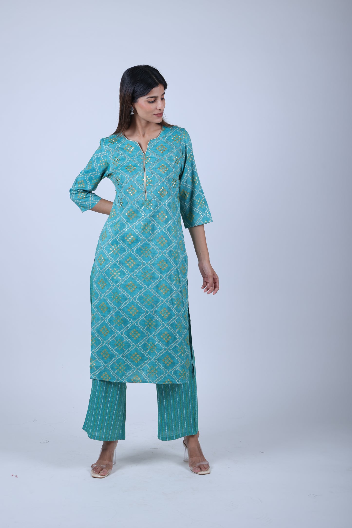 Skyblue Priented Straight Kurta Along With Printed Pants