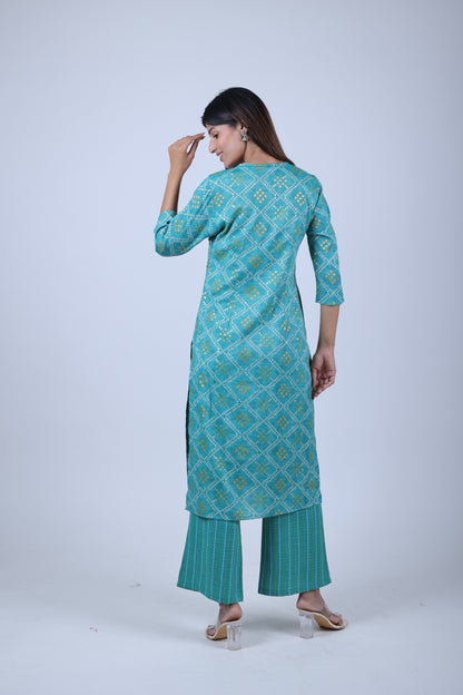 Skyblue Priented Straight Kurta Along With Printed Pants