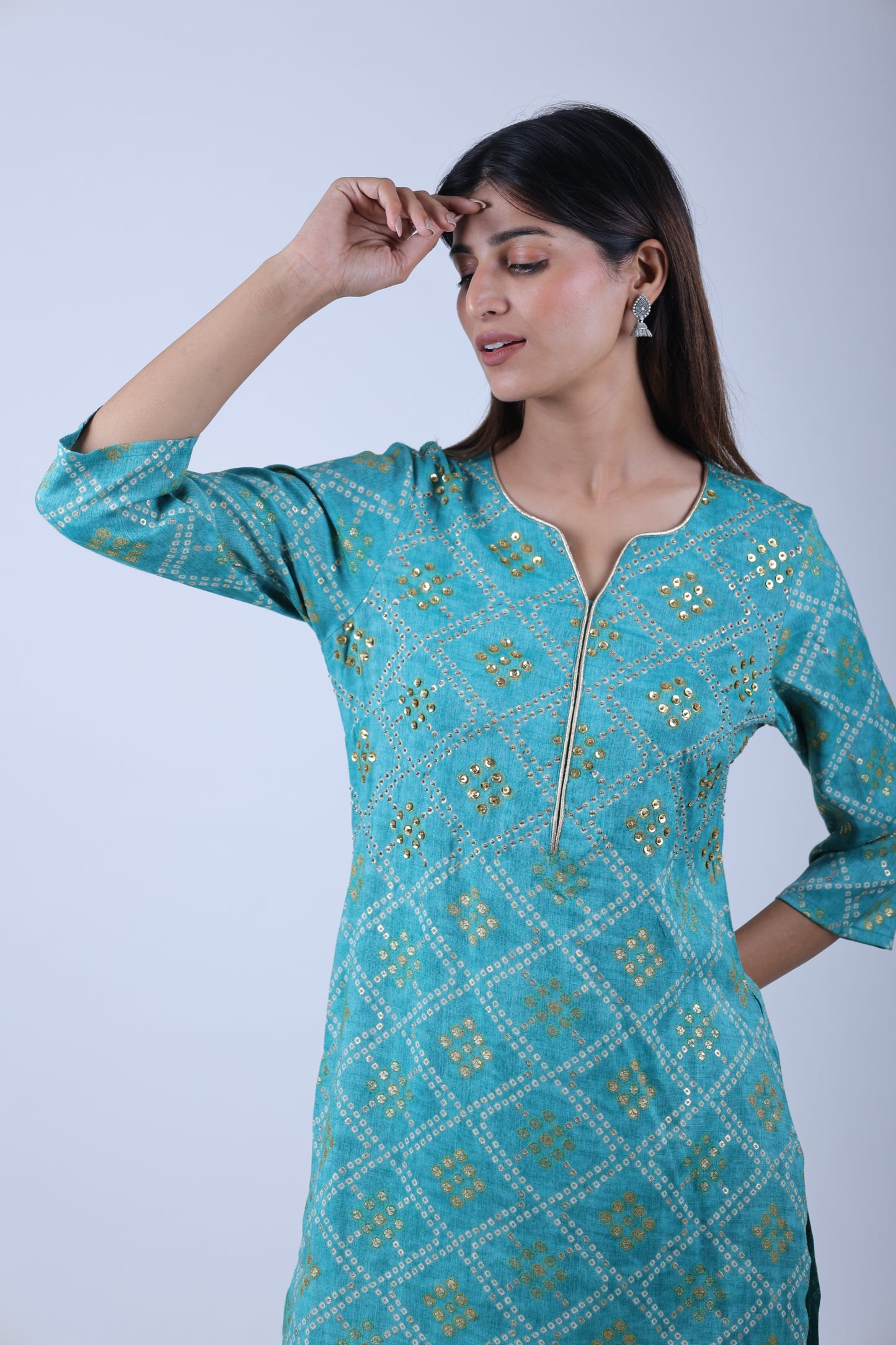 Skyblue Priented Straight Kurta Along With Printed Pants