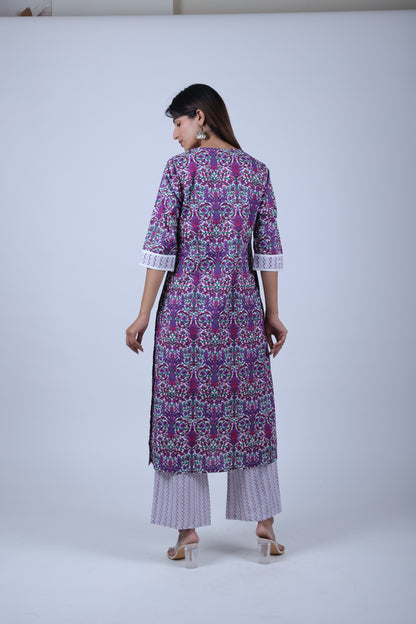 Purple Printed Straight Kurta with Solid Pants