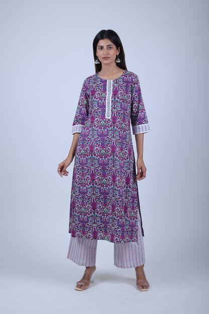 Purple Printed Straight Kurta with Solid Pants