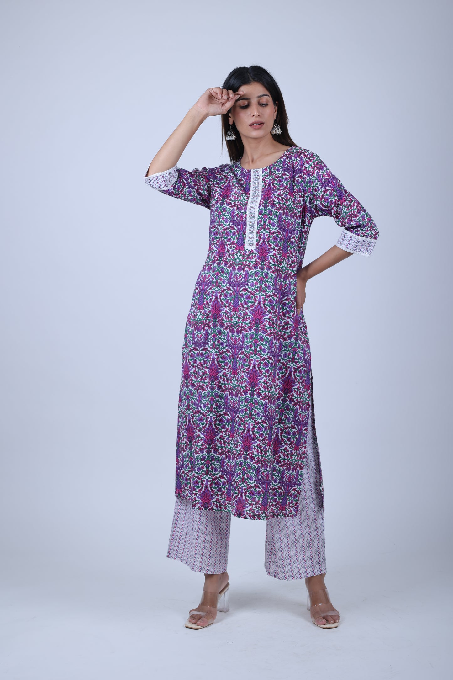 Purple Printed Straight Kurta with Solid Pants