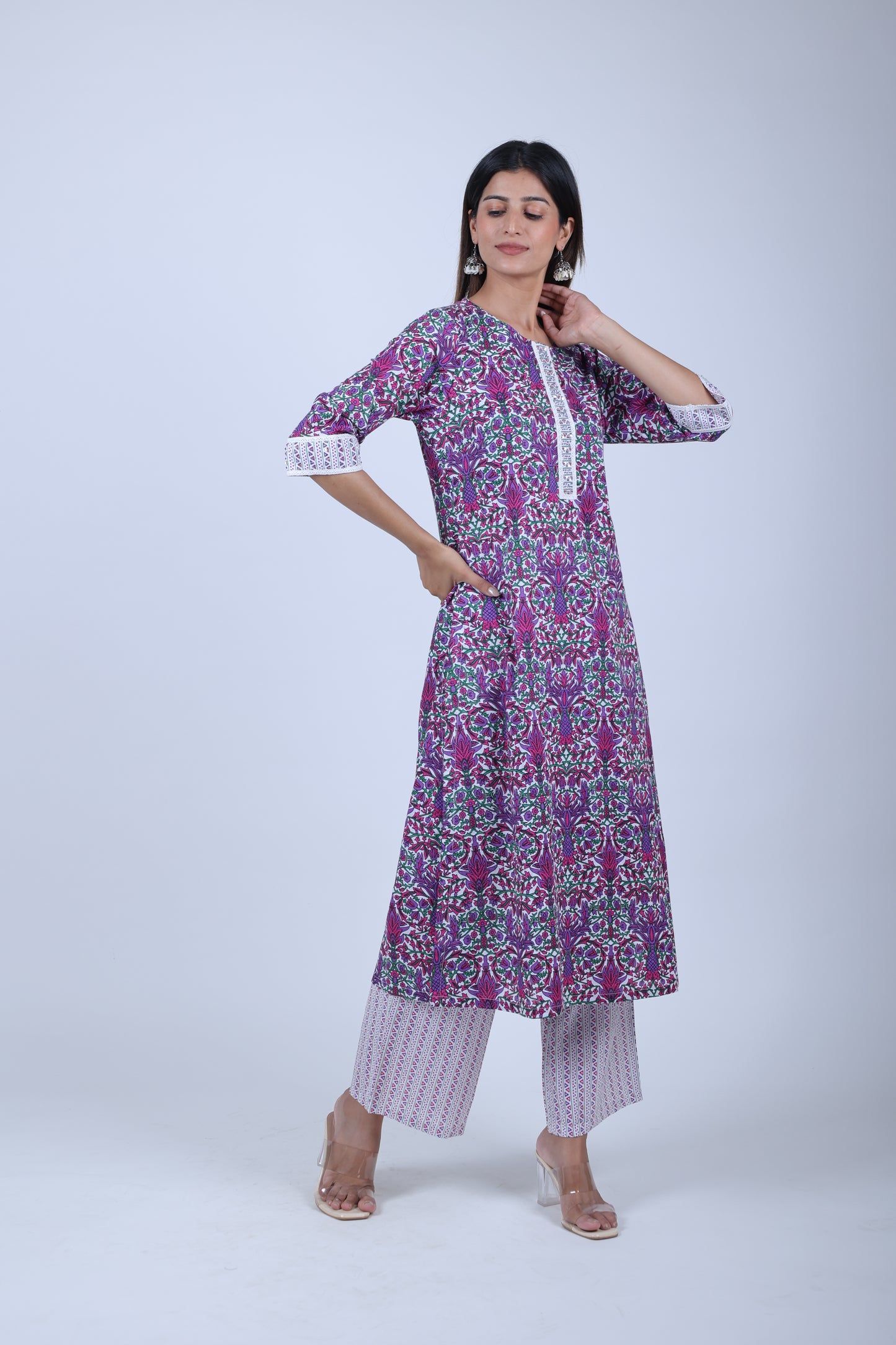 Purple Printed Straight Kurta with Solid Pants