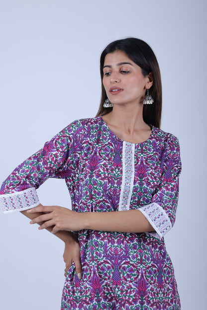 Purple Printed Straight Kurta with Solid Pants