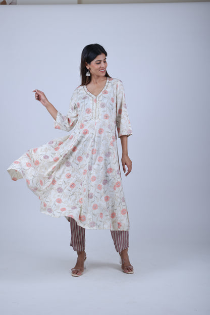 Off-White Printed Kalidar Kurta with Printed Pants