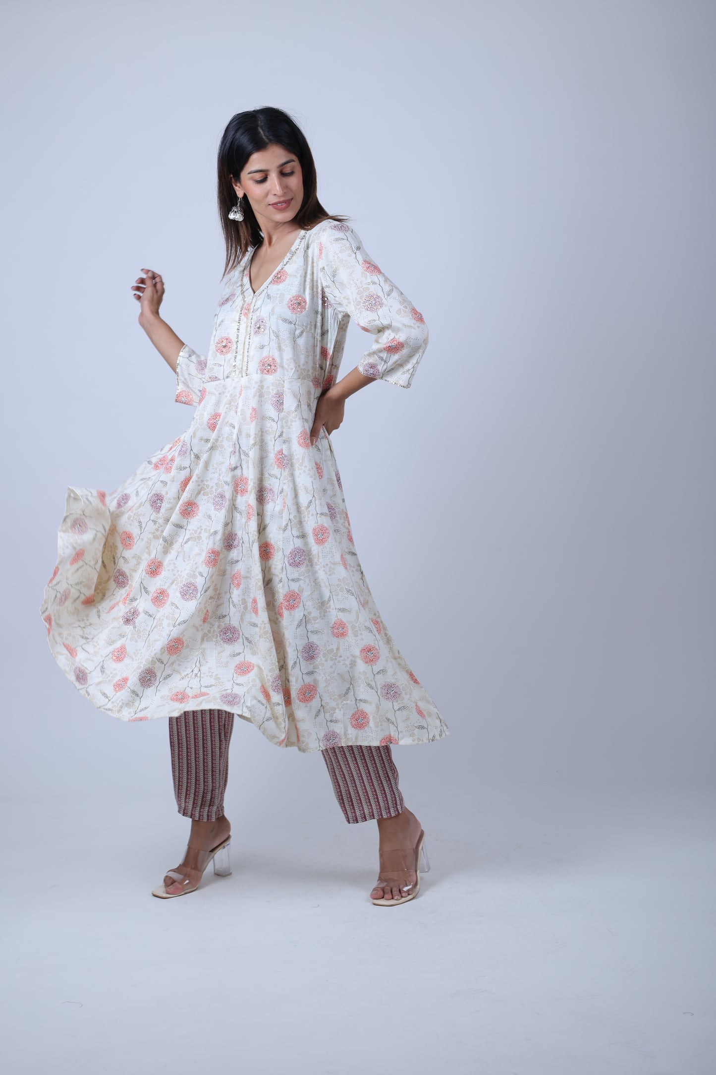 Off-White Printed Kalidar Kurta with Printed Pants