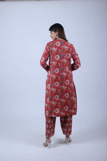 Red Printed Straight Kurta with Solid Pants