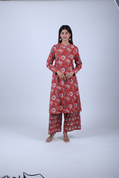 Red Printed Straight Kurta with Solid Pants