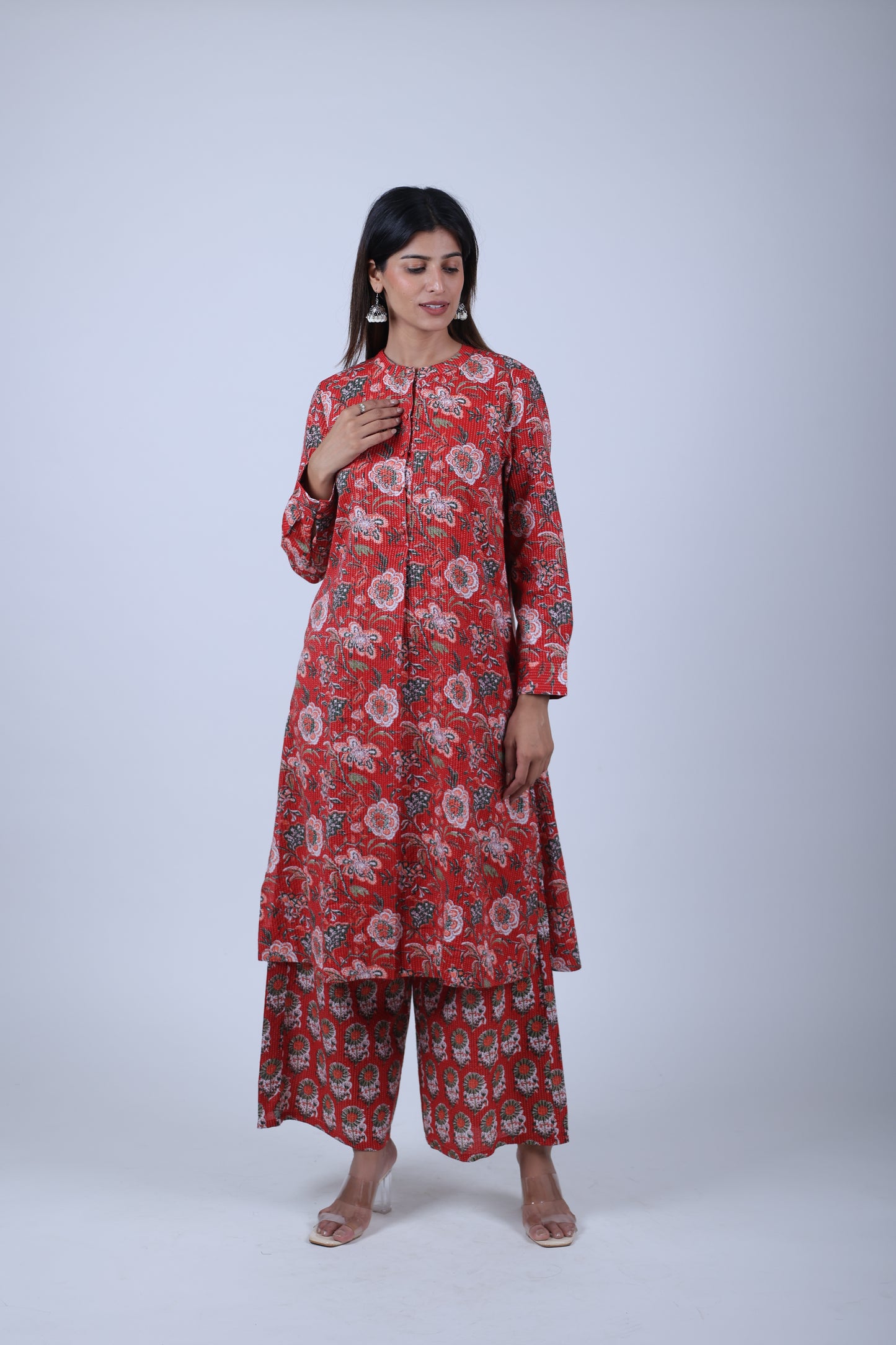 Red Printed Straight Kurta with Solid Pants