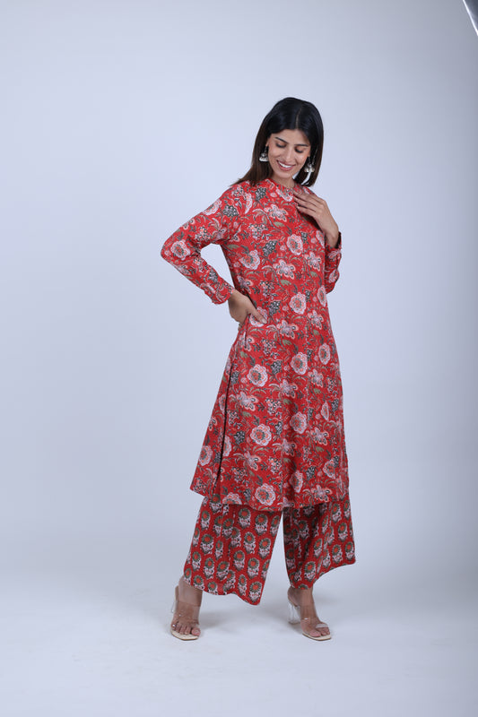 Red Printed Straight Kurta with Solid Pants