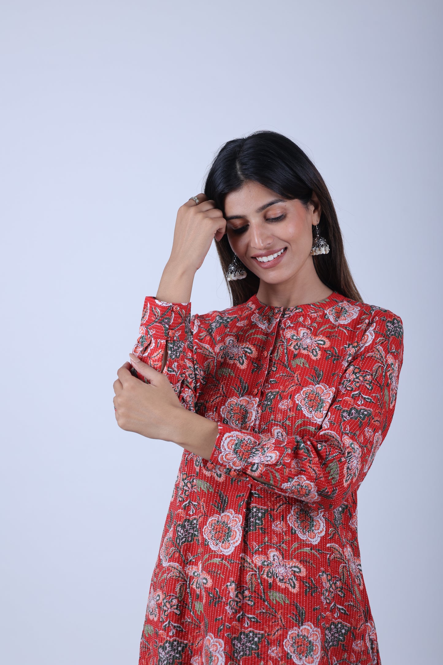 Red Printed Straight Kurta with Solid Pants