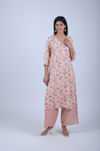 Light Pink Printed Straight Kurta with Pants