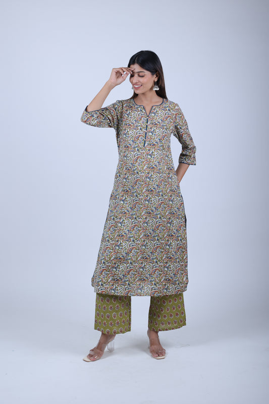 Mehandi Green Printed Straight Kurta along with Printed Palazzo & Solid Dupatta1`