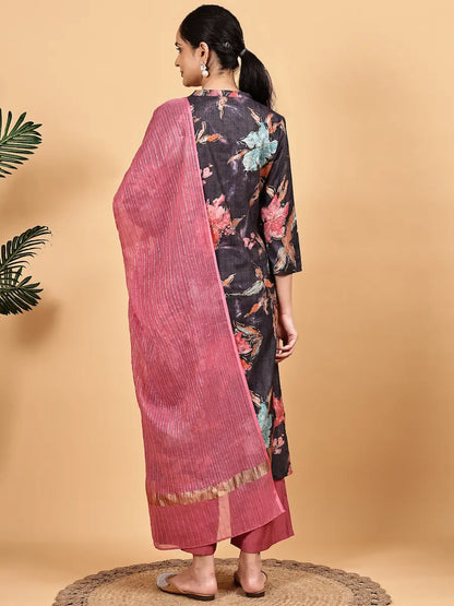 Dark Floral Printed Kurta Set with Rust Palazzo and Contrast Dupatta