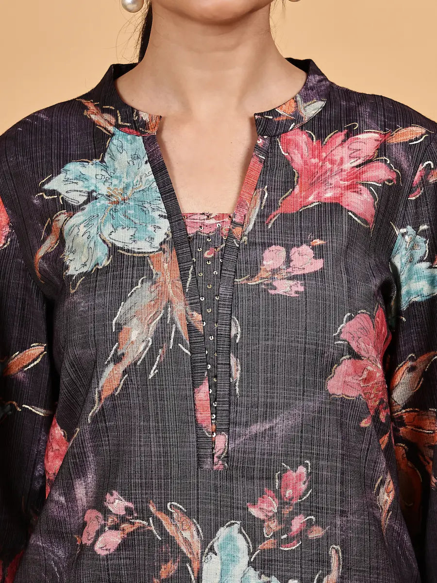 Dark Floral Printed Kurta Set with Rust Palazzo and Contrast Dupatta