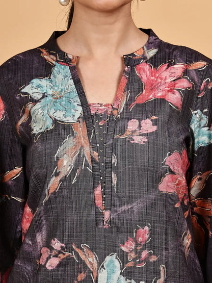 Dark Floral Printed Kurta Set with Rust Palazzo and Contrast Dupatta