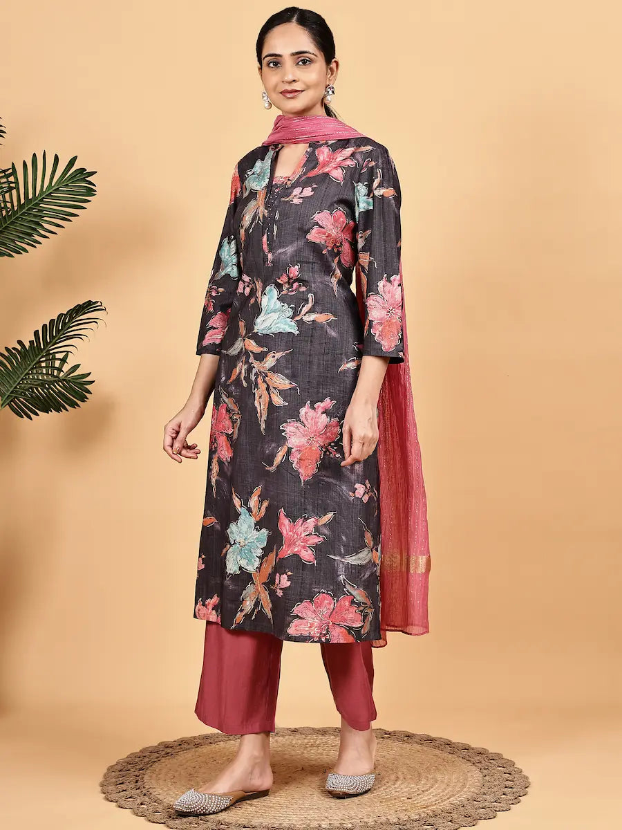 Dark Floral Printed Kurta Set with Rust Palazzo and Contrast Dupatta