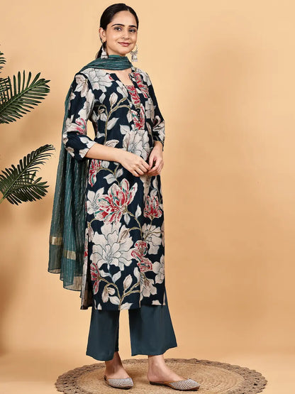 Dark Green Cotton Floral Straight Kurta with Pants & Dupatta