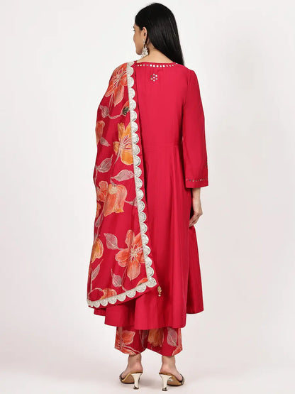 Dark Pink Viscose Embellished Kurta Set with Vibrant Floral Dupatta