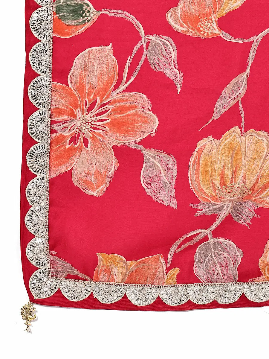 Dark Pink Viscose Embellished Kurta Set with Vibrant Floral Dupatta