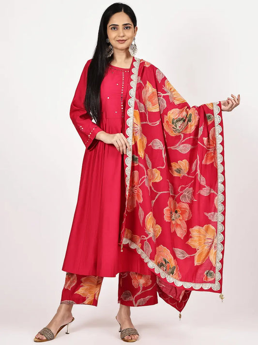 Dark Pink Viscose Embellished Kurta Set with Vibrant Floral Dupatta
