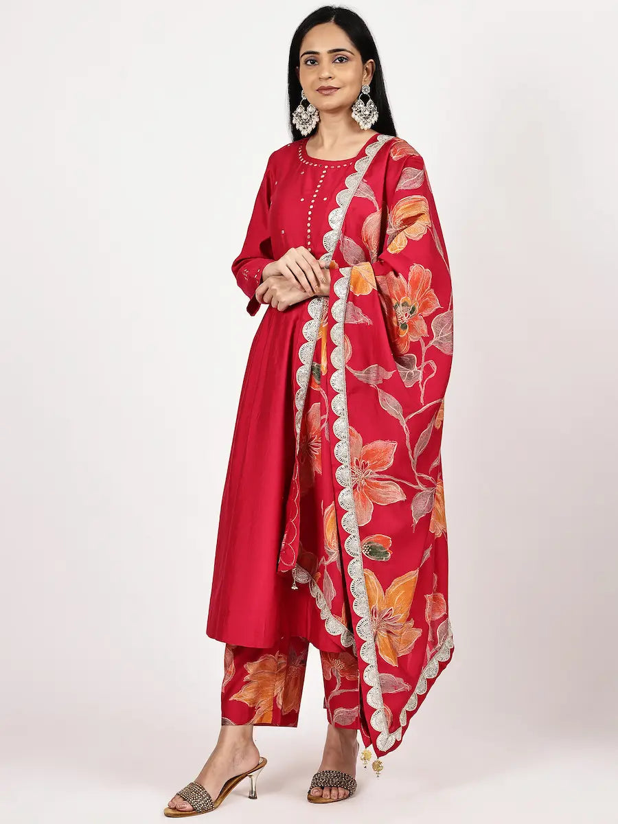 Dark Pink Viscose Embellished Kurta Set with Vibrant Floral Dupatta
