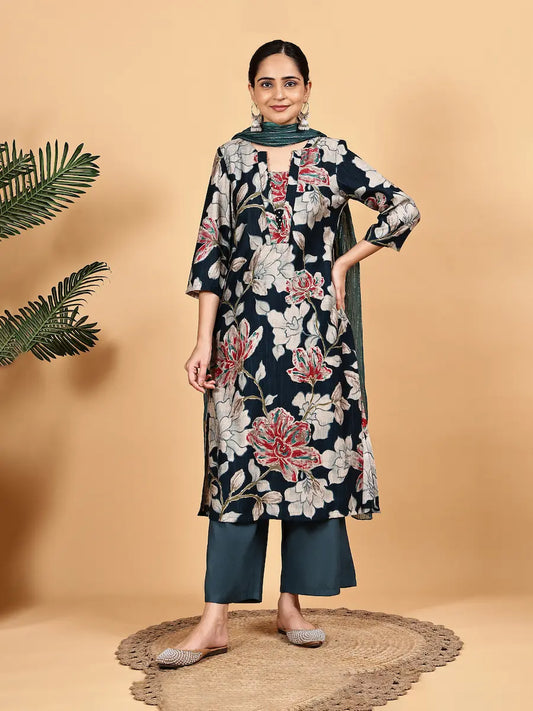 Dark Green Cotton Floral Straight Kurta with Pants & Dupatta