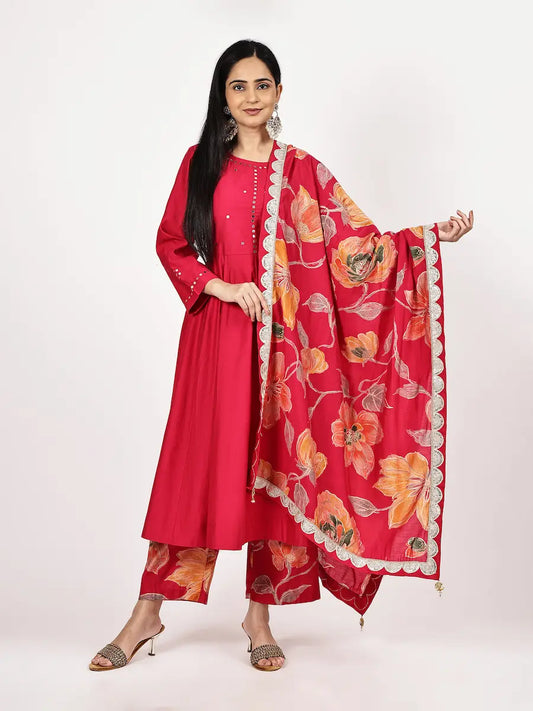 Dark Pink Viscose Embellished Kurta Set with Vibrant Floral Dupatta