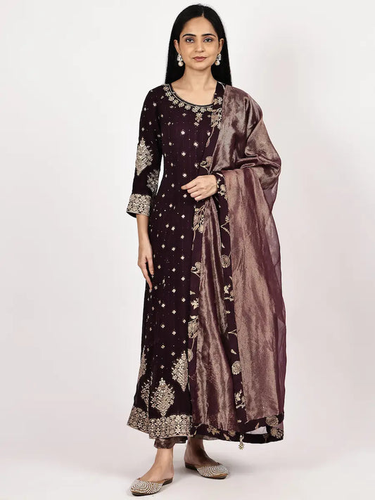 Deep Brown Brocade Anarkali Kurta Set with Zari Dupatta