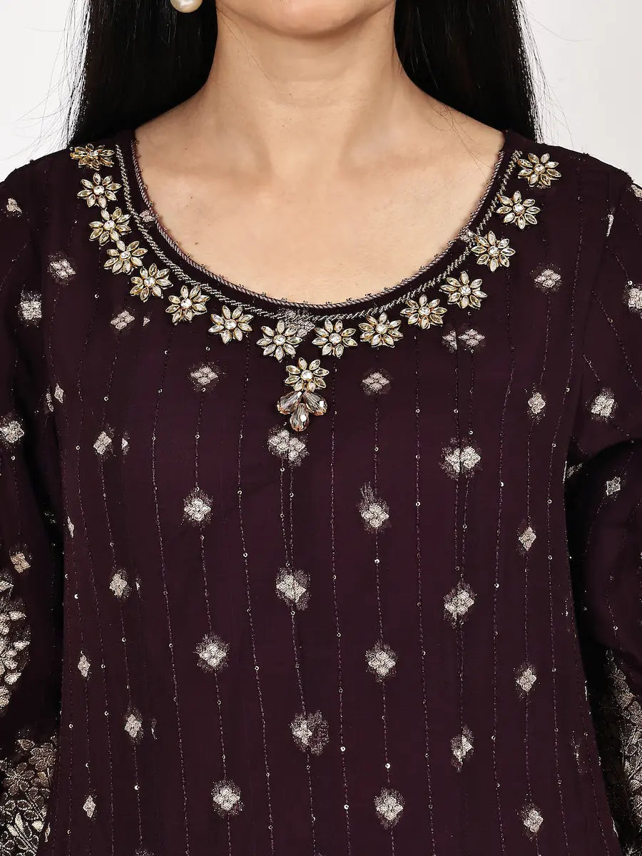 Deep Brown Brocade Anarkali Kurta Set with Zari Dupatta