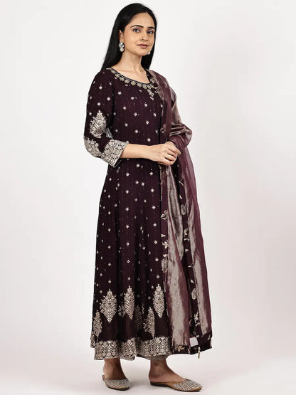 Deep Brown Brocade Anarkali Kurta Set with Zari Dupatta