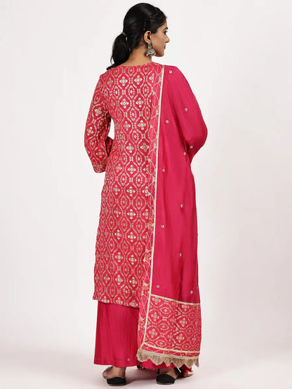 Deep Pink Silk Jacquard Straight Kurta Set with Embroidered Dupatta