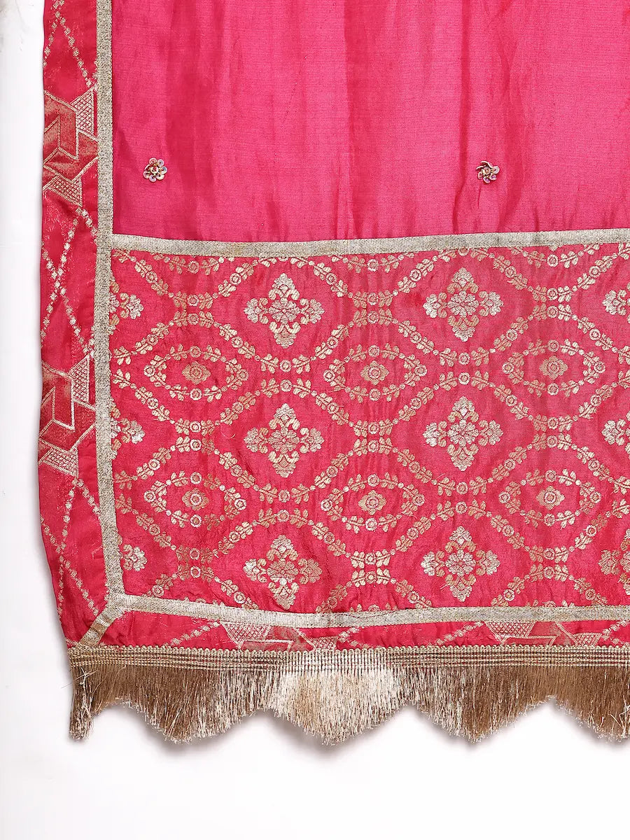 Deep Pink Silk Jacquard Straight Kurta Set with Embroidered Dupatta