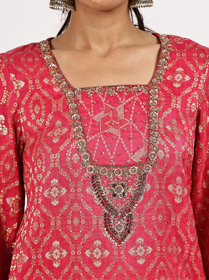 Deep Pink Silk Jacquard Straight Kurta Set with Embroidered Dupatta