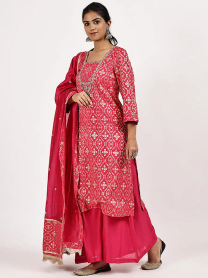 Deep Pink Silk Jacquard Straight Kurta Set with Embroidered Dupatta