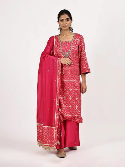 Deep Pink Silk Jacquard Straight Kurta Set with Embroidered Dupatta