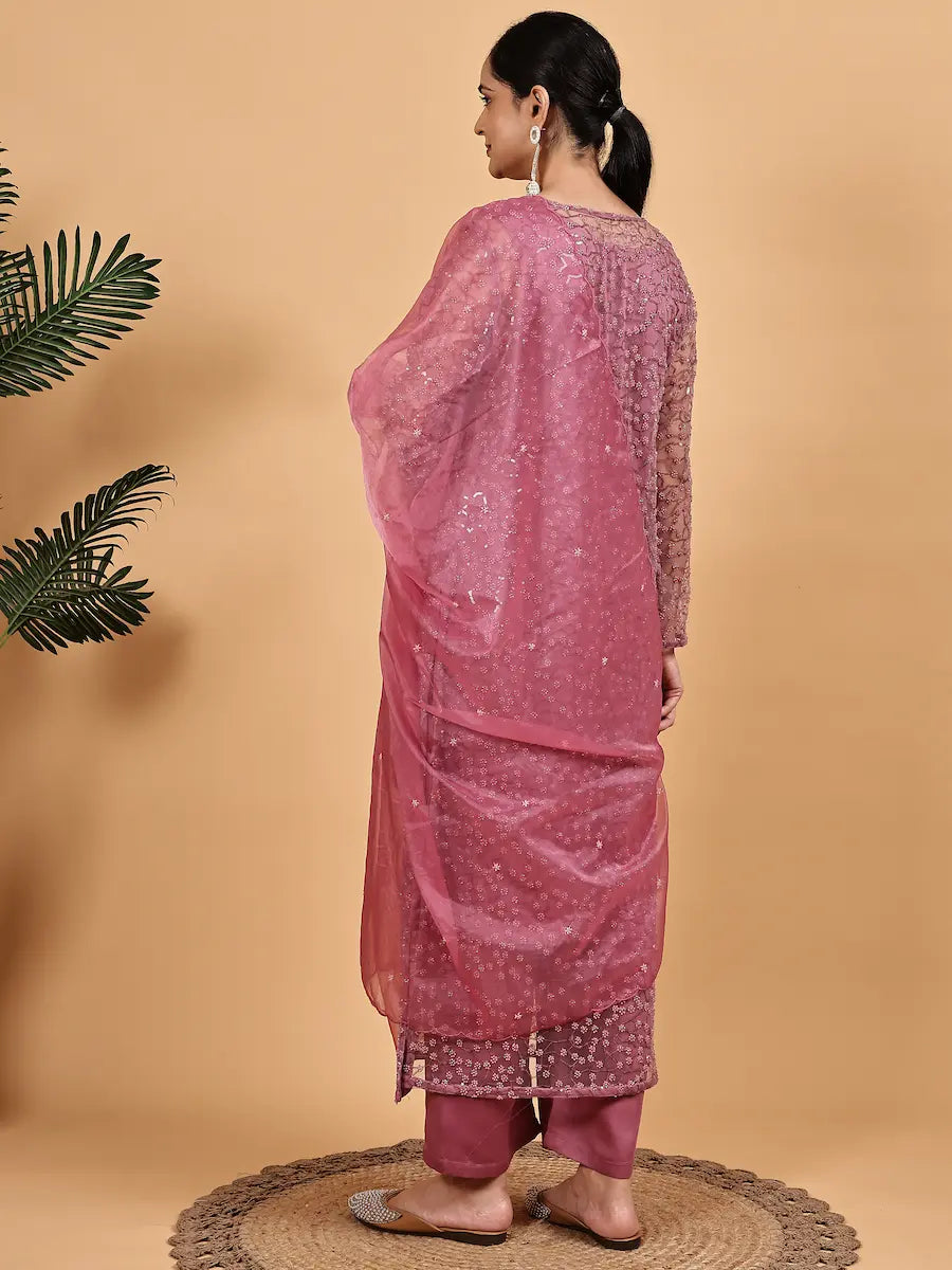 Dusty Rose Net Embellished Kurta Set with Sheer Dupatta