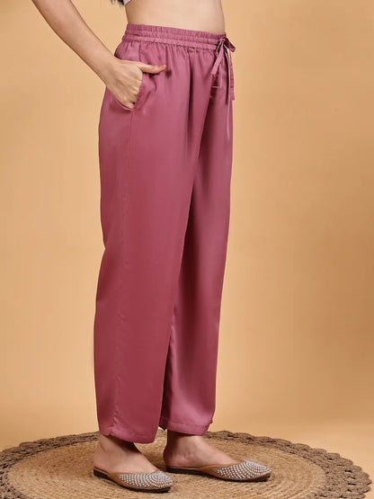 Dusty Rose Net Embellished Kurta Set with Sheer Dupatta