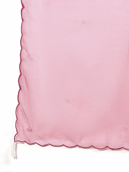 Dusty Rose Net Embellished Kurta Set with Sheer Dupatta